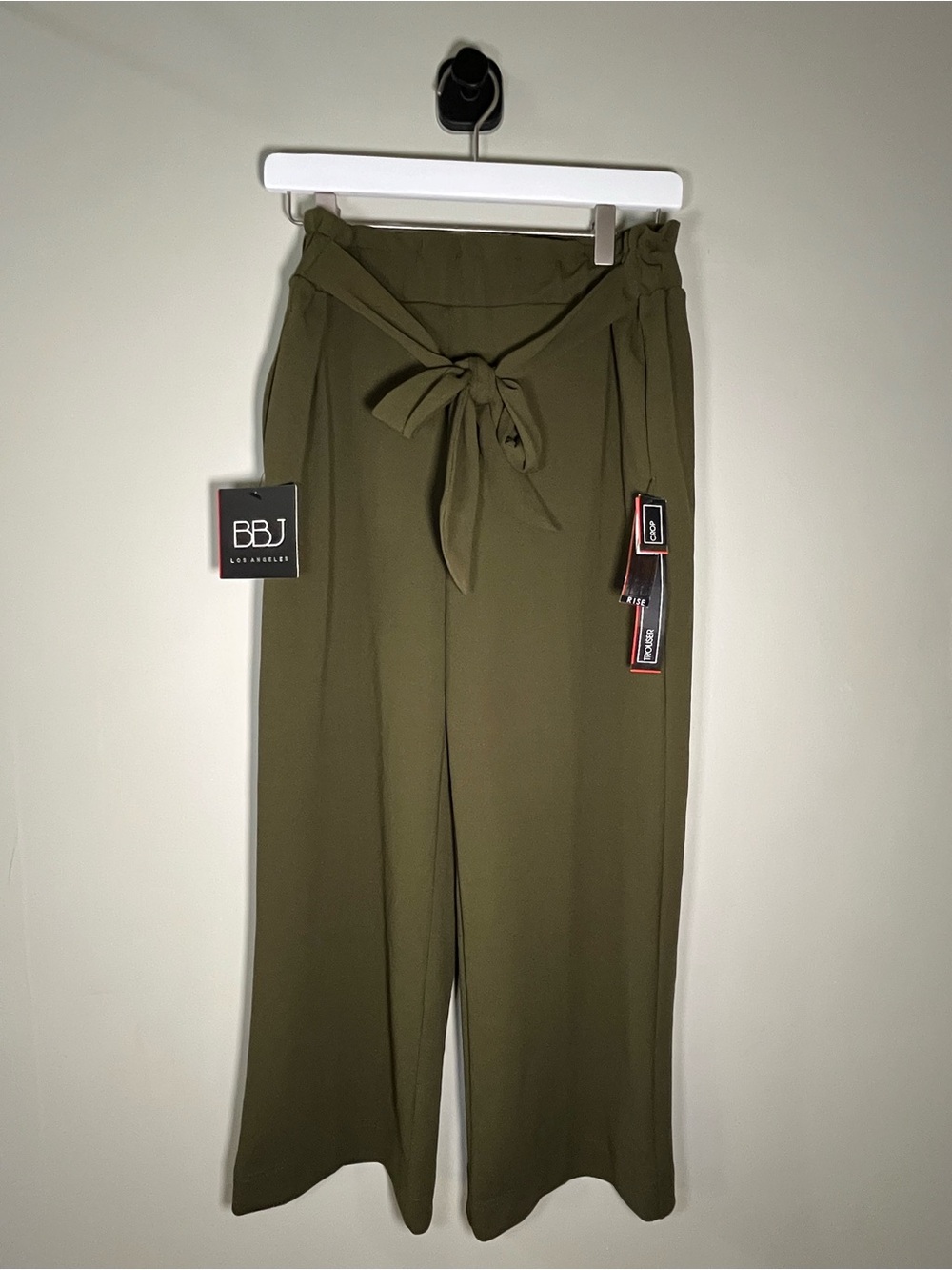BBJ Olive Tie-Front Wide Leg Cropped Pants High Rise Paperbag Waist Boho Chic